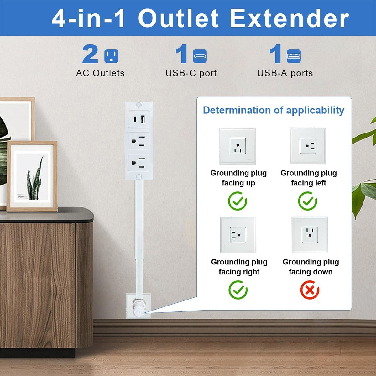 Electrical Outlet Extender Features USB-A, USB-C, and 2 AC Electrical Outlet Ext